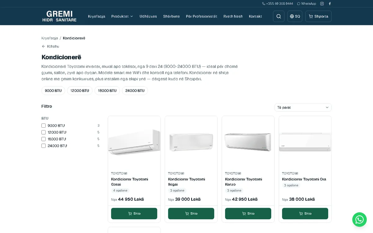 Air conditioners, filtered by BTU, with prices in lekë