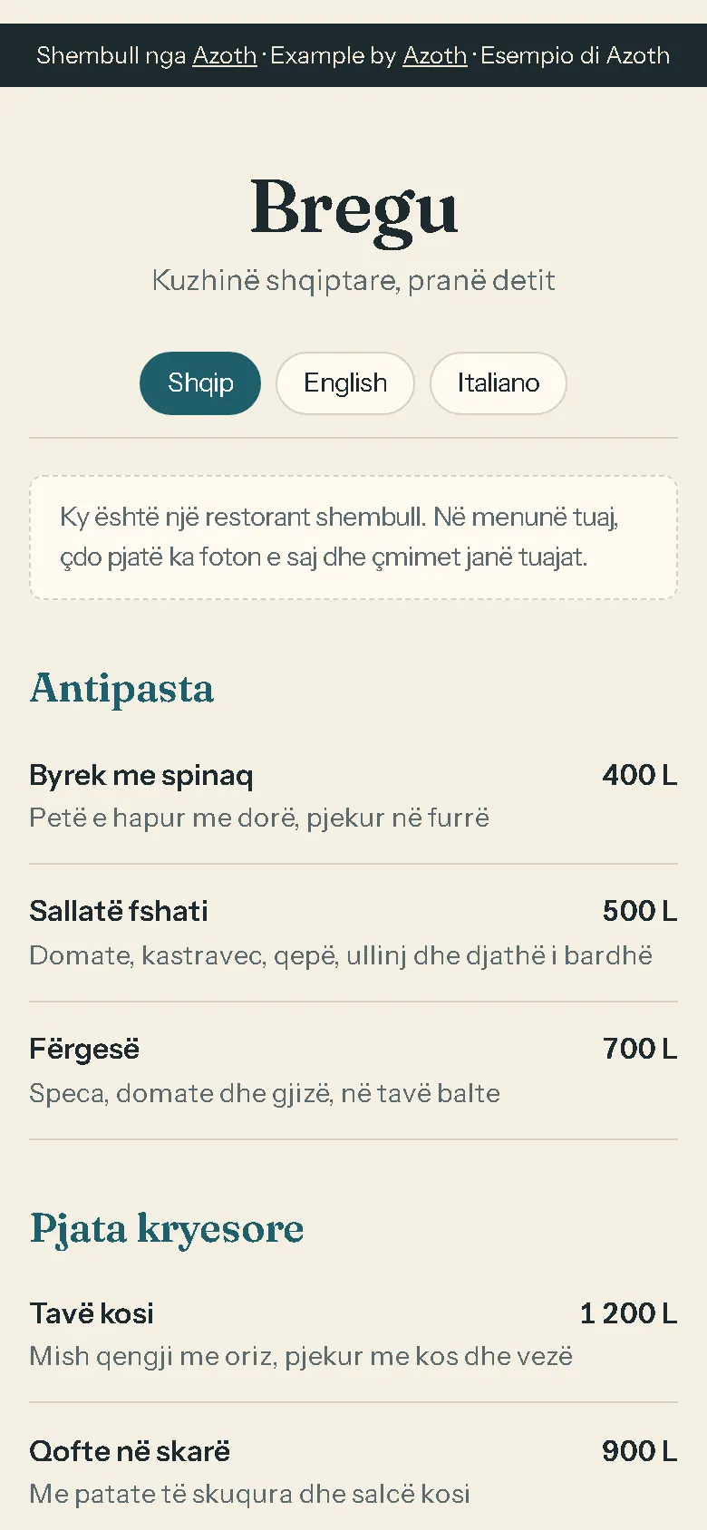 Një menu në tri gjuhë