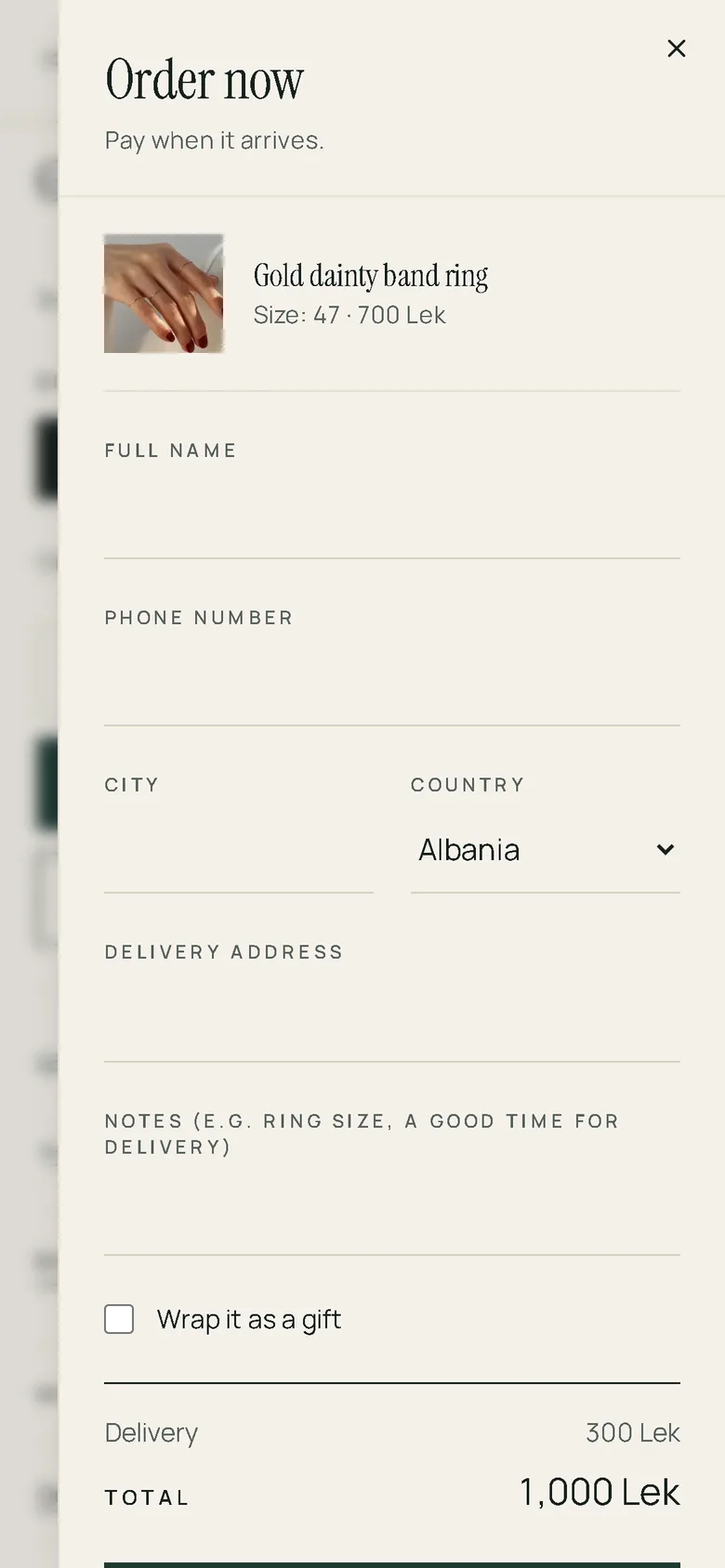 Ordering in one step, paid on delivery
